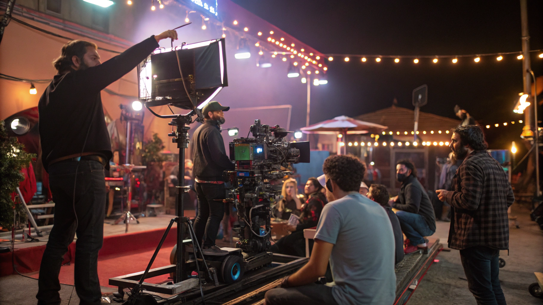 Cinematic wide shot of a professional film production set in Elk Grove