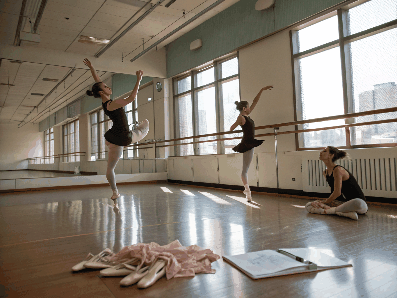 Dancers practicing in a professional rehearsal hall